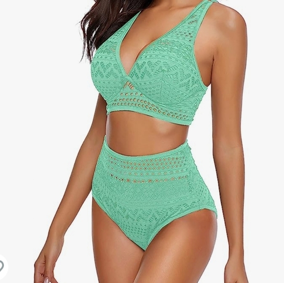 Luvami Crochet Lace High Waist V Neck Bikini Set in Green 109 Size M - Picture 3 of 16